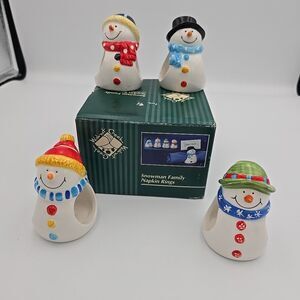 2004 Walnut Creek Snowman Family Napkin Rings With Placement Card Set of 4 W/Box